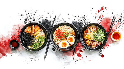 Culinary art concept showing a variety of Japanese ramen noodle soups in black bowls, creatively arranged in a top-down flat lay with vibrant ink splash effects.