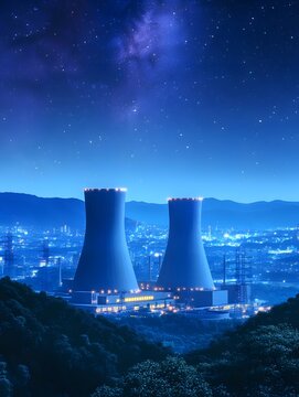 Silhouette of a nuclear power plant at night