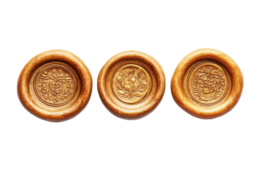 Three golden oval wax seals with embossed crest isolated on transparent background. Three elegant golden wax seals ideal for vintage documents isolated on white background.