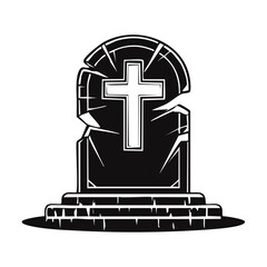 Fototapeta premium Cracked gravestone with Christian cross and base in black and white illustration style
