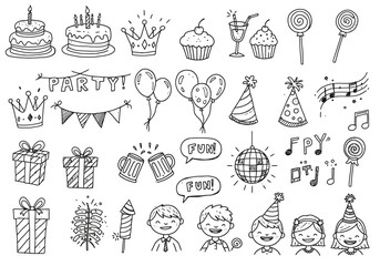 Collection of handdrawn birthday party elements isolated on white background, featuring cakes, balloons, gifts, hats, and cheerful kids in a doodle style