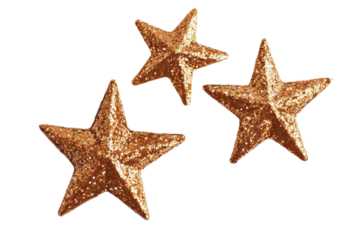 Three textured golden stars isolated on transparent background. Three glittering gold stars isolated on white background.