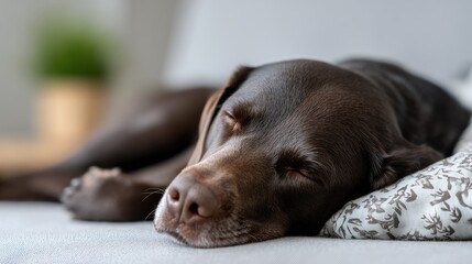 Yellow Labrador peacefully sleeps on a gray couch, wrapped in a soft animal-patterned blanket, enjoying a moment of tranquility