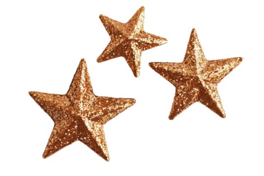 Three textured golden stars isolated on transparent background. Three glittering gold stars isolated on white background.
