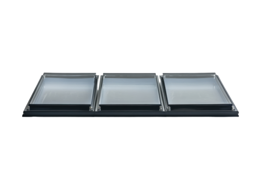 Three modern light fixtures with reflective surfaces isolated on transparent background. Three solar panels in a row reflecting sunlight isolated on white background.