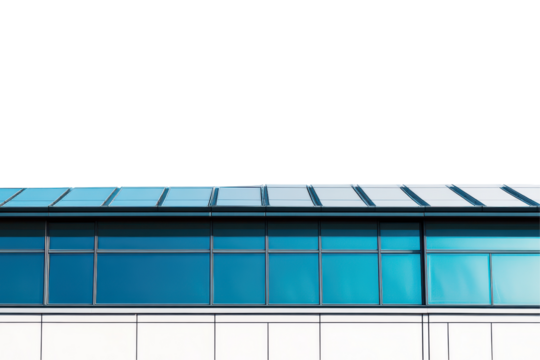 Modern building facade with blue glass windows and metallic roof isolated on transparent background. Three solar panels in a row reflecting sunlight isolated on white background. - Powered by Adobe