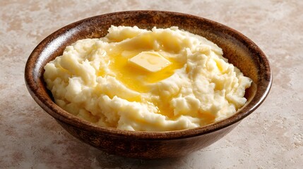 A delicious bowl of creamy mashed potatoes with a pat of butter.