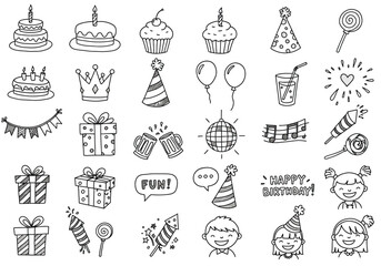 Collection of handdrawn birthday party elements isolated on white background, featuring cakes, balloons, gifts, hats, and cheerful kids in a doodle style