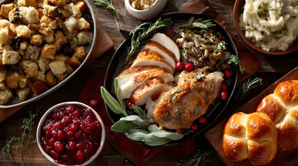 Delicious Thanksgiving dinner with roast turkey, stuffing, and all the trimmings, ready to serve.