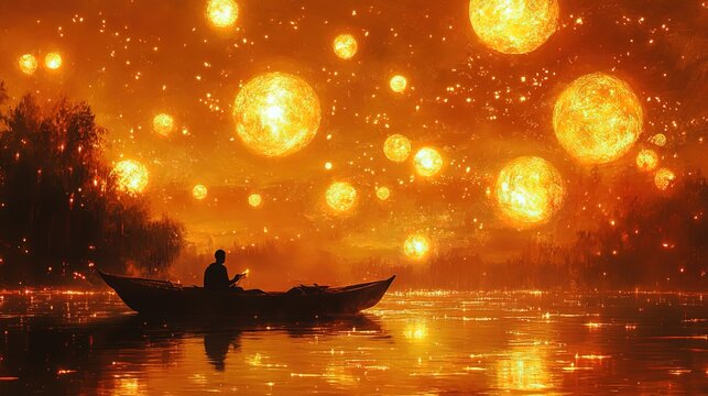 Man in Boat on Water with Glowing Orbs and Sparkles in the Sky
