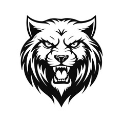 Fototapeta premium Angry wolf head mascot snarling with fangs bared in a black and white graphic illustration