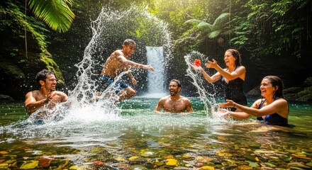 A group of happy friends enjoying a summer vacation, splashing and playing in a jungle waterfall pool