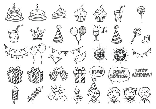 Collection of handdrawn birthday party elements isolated on white background, featuring cakes, balloons, gifts, hats, and cheerful kids in a doodle style