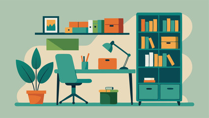 A home office with a desk made from recycled plastic a chair made from repurposed metal and shelves made from old bookcases.