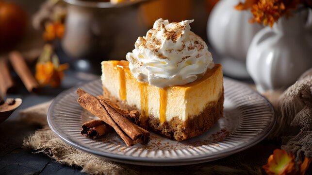 A delicious slice of pumpkin cheesecake with whipped cream and cinnamon. - Powered by Adobe
