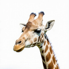 Obraz premium Majestic Giraffe Portrait: A close-up view of a giraffe, its patterned coat and towering neck reaching towards the sky, against a plain backdrop. 