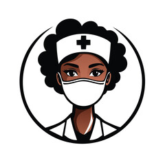 Illustration of a female healthcare worker wearing a face mask and nurse hat.