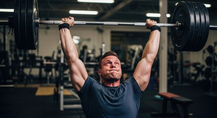 Determined bodybuilder lifting a heavy barbell overhead during a strength training workout in a fitness gym. Concept of power and athletic effort.