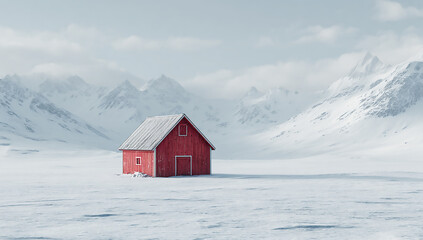 A red barn sits alone in a snowy field with mountains in background