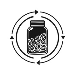 Coffee bean recycling and reuse concept icon with a glass jar and circular arrows