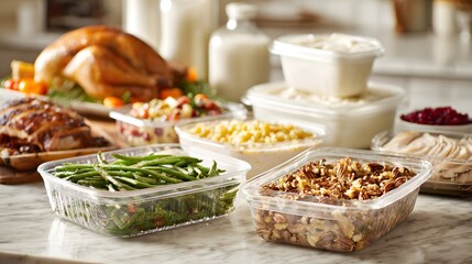 Thanksgiving dinner is ready, with a roasted turkey and various side dishes for a delicious meal.