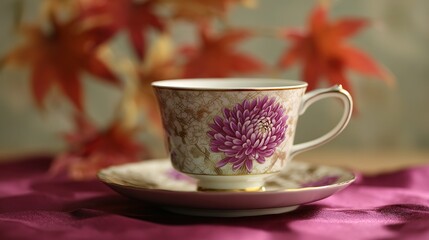 Fototapeta premium Porcelain teacup with floating chrysanthemum in amber tea on crimson silk, soft maple background creates elegant and tranquil National Day mood