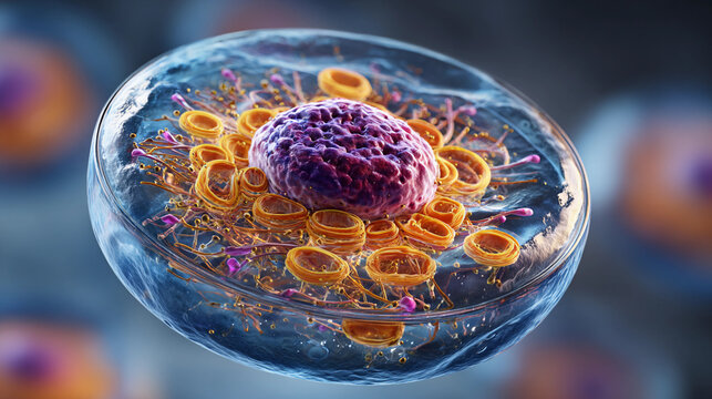 Detailed 3D illustration of a biological cell and its various internal components.