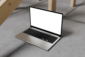 Open laptop on a concrete background with natural lighting, clean design technology mockup. 3D Rendering