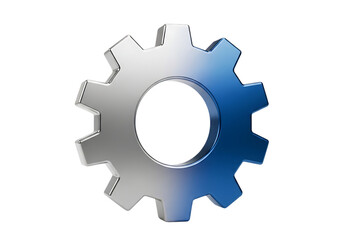 Metallic gear with blue gradient and sharp teeth isolated on a transparent background mechanical steel