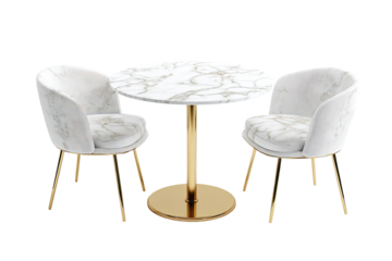 Round white marble table with gold legs and two matching chairs