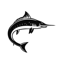 Powerful jumping marlin fish in a black and white graphic vector style for a sport fishing logo.