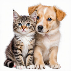 Harmonious Friendship: A heartwarming portrait of a kitten and puppy, showcasing their unique bond and innocence.