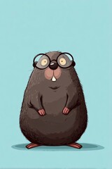 Cartoonish beaverlike creature with spectacles standing on a flat lightblue surface