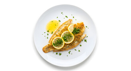 Delicious Pan-Seared Fish Fillet with Lemon on White Plate