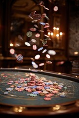 Casino chips fall onto a roulette table stack up in the center Background is blurry