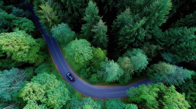 Top-down view of a forest road splitting through thick greenery, lone car traveling, journey and freedom theme, suitable for inspirational stock photo