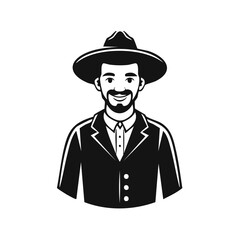 Man Illustration Wearing Traditional Hat and Suit Jacket in Black and White, Isolated on White
