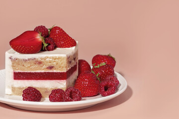 Layered bento cake featuring raspberry and strawberry toppings, showcasing vanilla sponge cake with vibrant colors, perfect for dessert and pastry menu concepts with delightful presentation