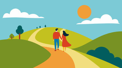 romantic couple sunny hilltop path