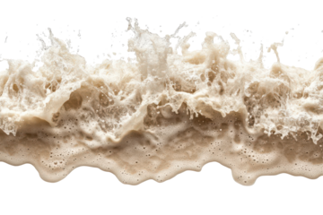 Dynamic foamy liquid splash wave isolated on transparent background. Top view of ocean waves splashing along a sandy beach isolated on white background.