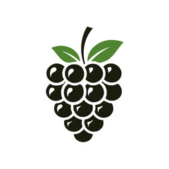 Stylized Grapes Illustration with Green Leaves and Black Grapes in a Bunch