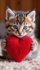 A charming tabby kitten with captivating blue eyes, holds a plush red heart with its tiny paws, gazing directly at the viewer with an endearing and affectionate expression.