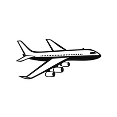 Stylized black and white illustration of a jetliner with four engines in flight
