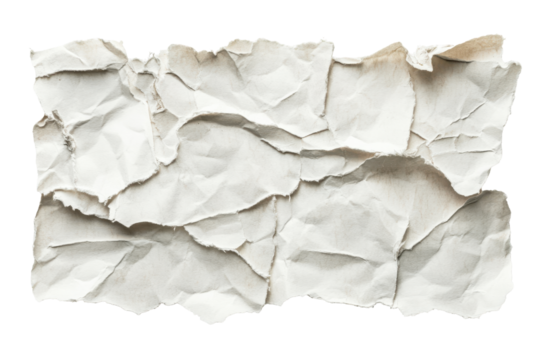 Crumbled paper texture abstract background isolated on transparent background. Torn paper pieces with a textured isolated on white background.