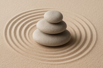 Serene Harmony: A meticulously arranged tower of smooth, neutral-toned stones rests peacefully within a delicately raked circle of sand. a beautiful study in balance, composure, and spiritual calm.
