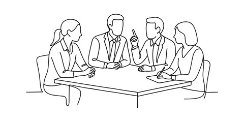 Linear style business meeting concept with team discussing ideas at conference table