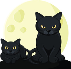 Two Cats On grass And Moonlight vecter illustration silhoute Design