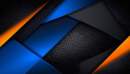 Realistic HD abstract background inspired by sports and fitness, bold tones like electric blue, orange and black, sharp angular shapes and textured overlays like mesh or sweat droplets, strong visual 
