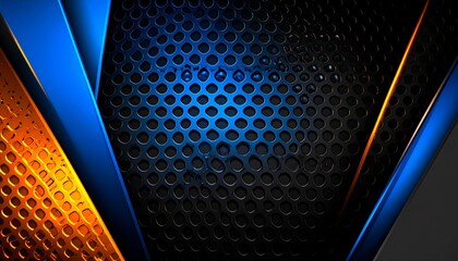 Realistic HD abstract background inspired by sports and fitness, bold tones like electric blue, orange and black, sharp angular shapes and textured overlays like mesh or sweat droplets, strong visual