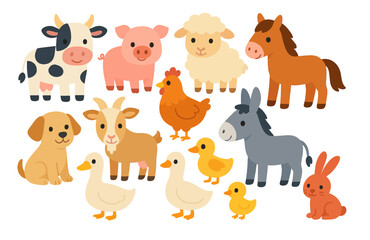 Cute collection of farm animals in flat cartoon style for kids and education